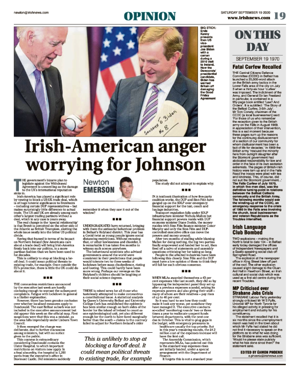 Thumbnail of the On This Day page in the Irish News of 19 Sep 2020, dealing with reported events on 19 Sep 1970